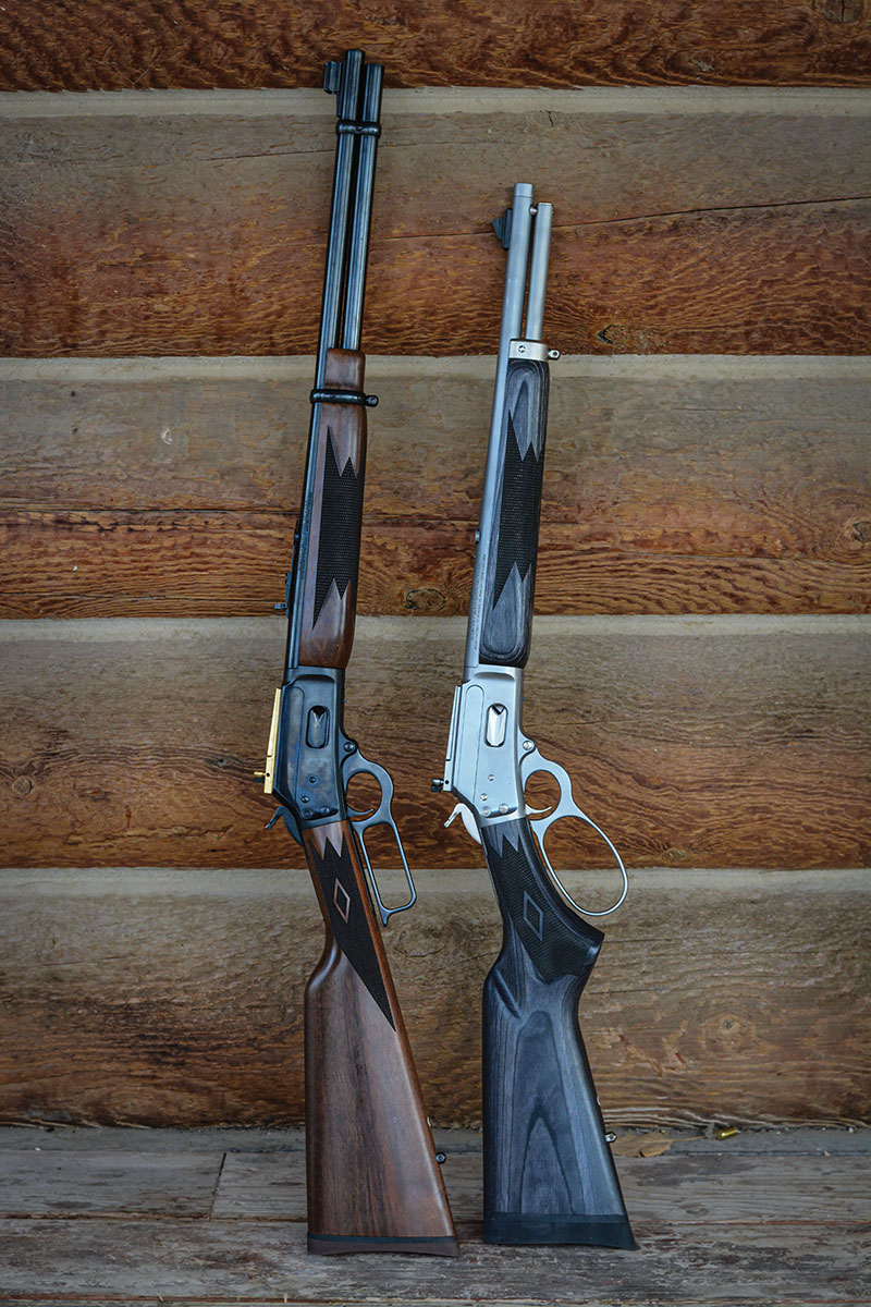 Marlin first introduced the Model 1894 with the Classic version chambered in 44 Magnum (left) but it is now offered in the Trapper Carbine stainless steel chambered in 357 Magnum (right).